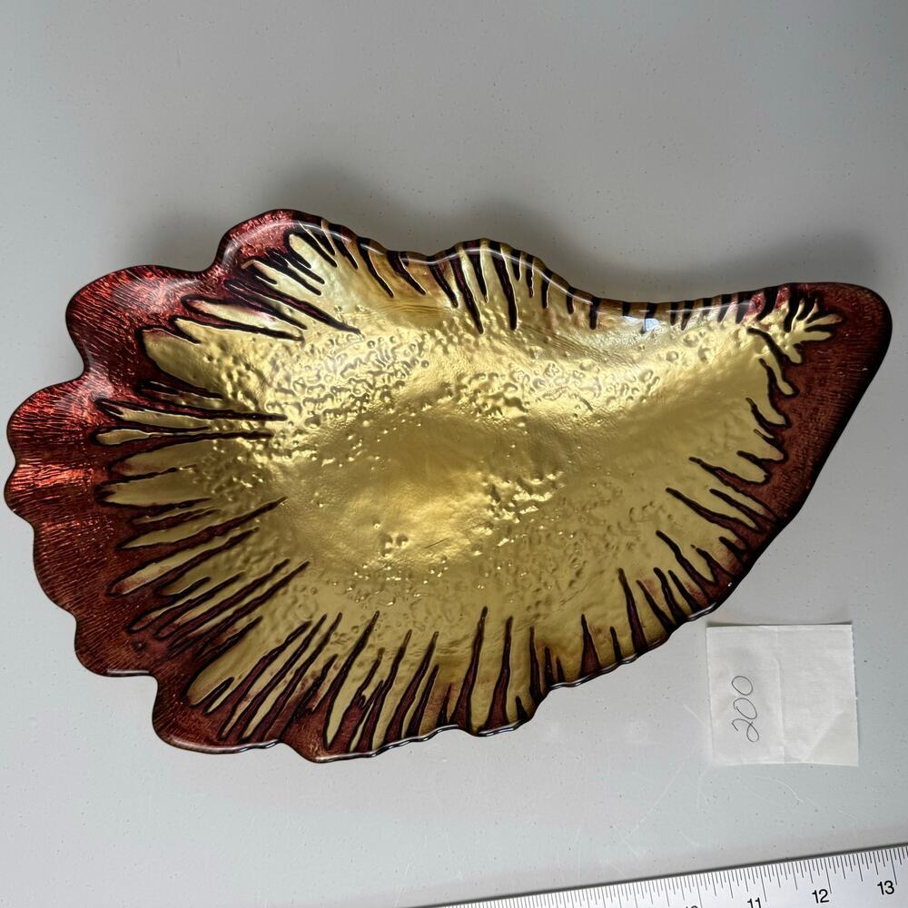Rusty Gold Red Glass Bowl LARGE Handmade Gold Copper Backpainted 13.5x9” Oyster - Picture 2 of 8